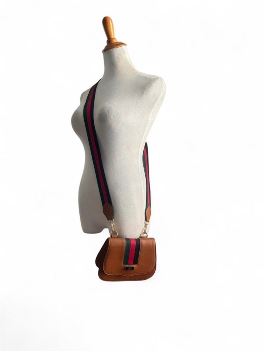 Brown Leather Crossbody Bag with Green-Red Stripe Strap